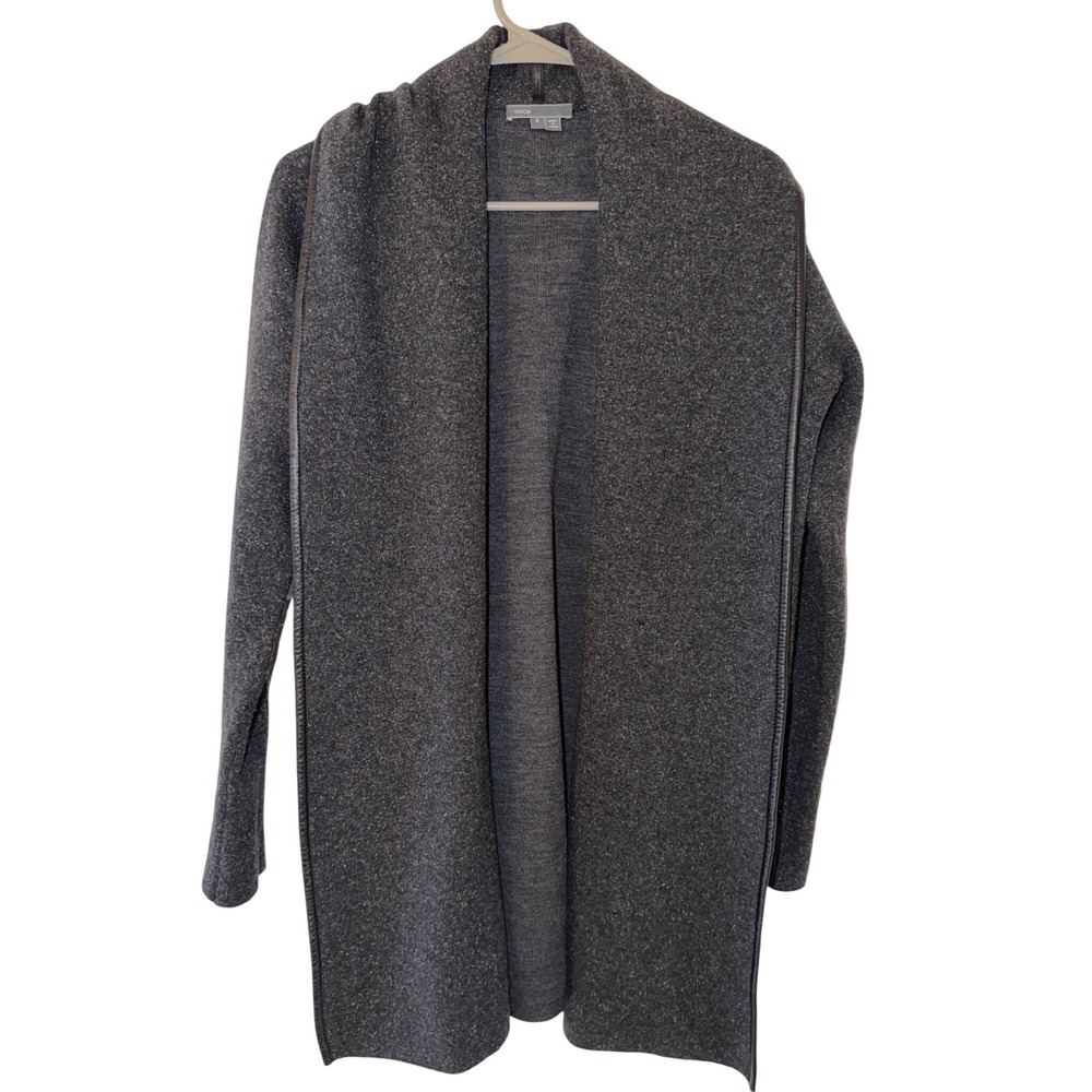 Vince Charcoal Gray Wool Silk Cashmere Leather Trim Shawl Cardigan Sweater S